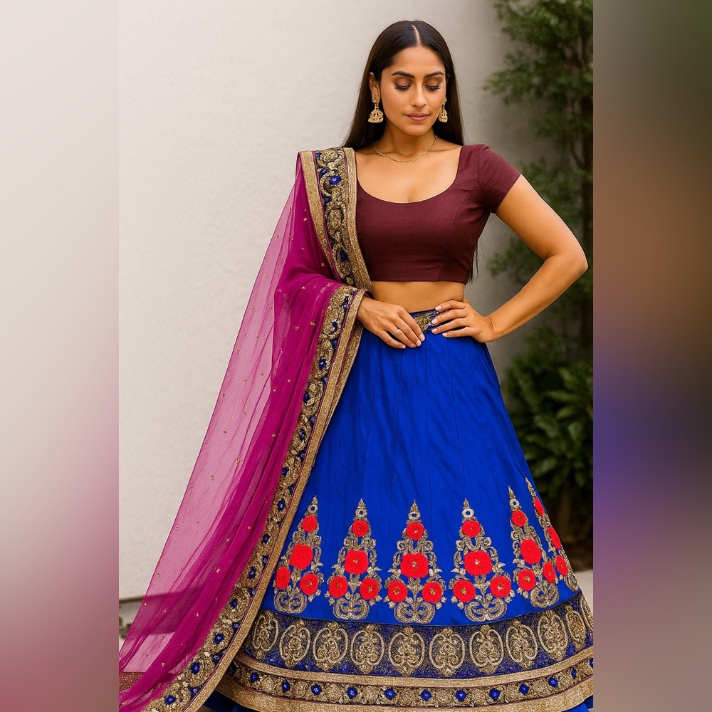Vibrant Royal Blue & Maroon Embroidered Lehenga Set Size L